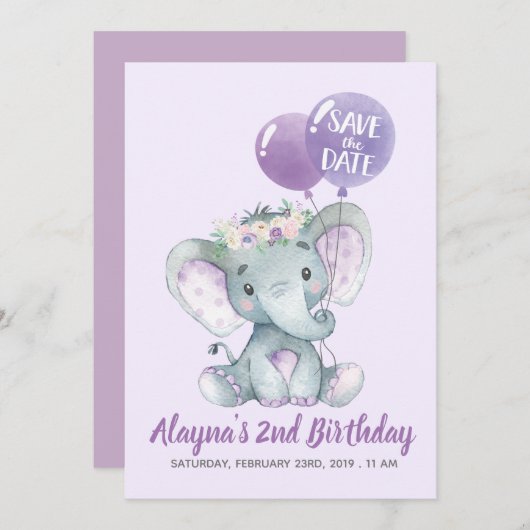 紫色の気球を持つ美しいラベンダー象 招待状 (正面/裏面)