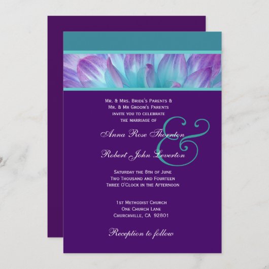 紫色の水のリサイクルされたV2を結婚する青いダリアの花びら 招待状 (正面/裏面)
