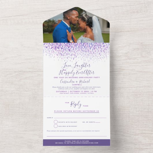 紫色の水の色のショアリング遅れた結婚式のパーティー オールインワン招待状 (内側)
