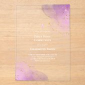 紫色の水の色のスプラッシュ最初の聖餐会 アクリル招待状 (正面)