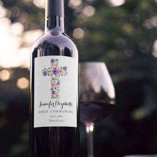 紫色の水の色の花クロス最初の聖餐式 ワインラベル