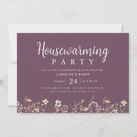 紫色の水の色ワイルドフラワー引っ越し祝いパーティーパーティー 招待状 (正面)