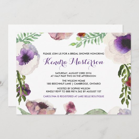 紫色の水の色Anemoneブライダルシャワー招待 招待状 (正面/裏面)