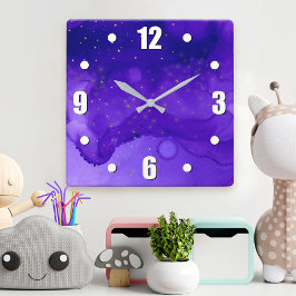 紫色の水カラー抽象芸術と金ゴールドグリッター星 スクエア壁時計