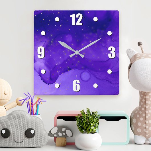 紫色の水カラー抽象芸術と金ゴールドグリッター星 スクエア壁時計