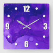 紫色の水カラー抽象芸術と金ゴールドグリッター星 スクエア壁時計 (正面)