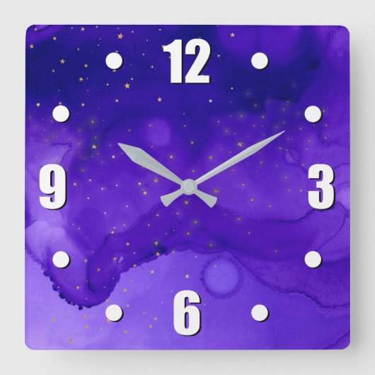 紫色の水カラー抽象芸術と金ゴールドグリッター星 スクエア壁時計 (正面)