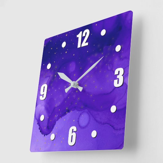 紫色の水カラー抽象芸術と金ゴールドグリッター星 スクエア壁時計 (傾斜)