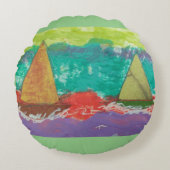 紫色の水丸い枕に帆船 ラウンドクッション (正面)