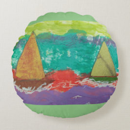 紫色の水丸い枕に帆船 ラウンドクッション