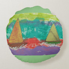 紫色の水丸い枕に帆船 ラウンドクッション