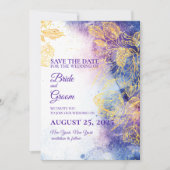 紫色の水彩と金ゴールドの花日付カードを保存 招待状 (正面)