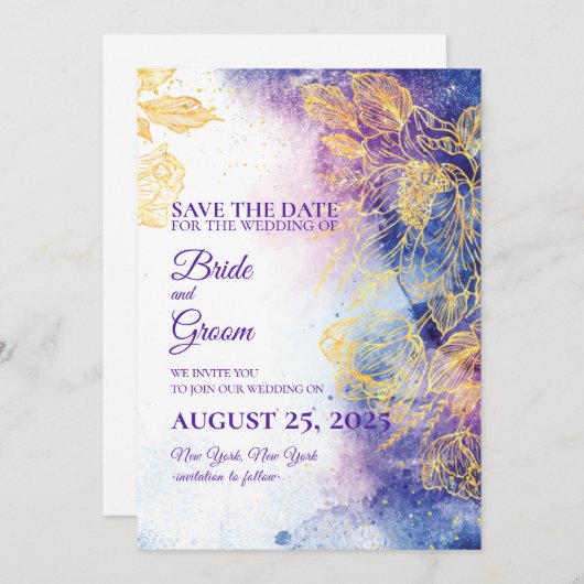 紫色の水彩と金ゴールドの花日付カードを保存 招待状 (正面/裏面)