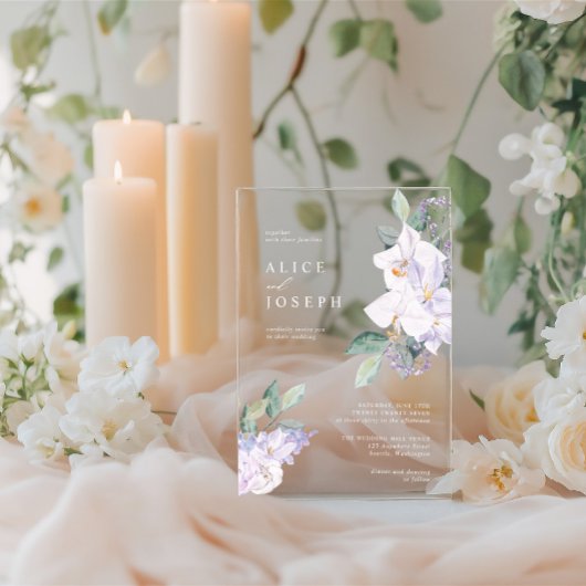 紫色の水彩の花と緑結婚の アクリル招待状