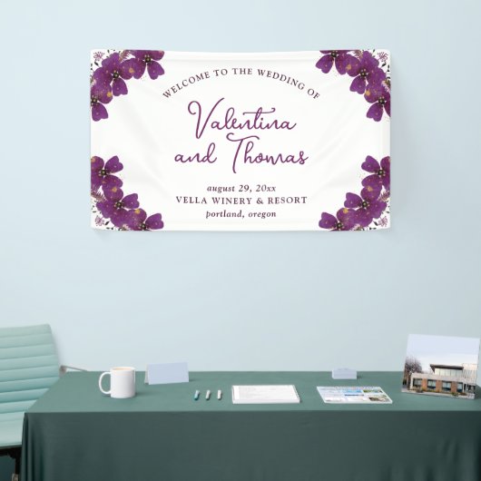 紫色の水彩の花ウェルカム結婚ズ 横断幕 (トレードショー)