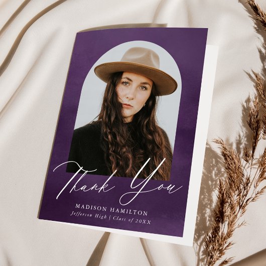 紫色の水彩アーチ写真卒業 サンキューカード