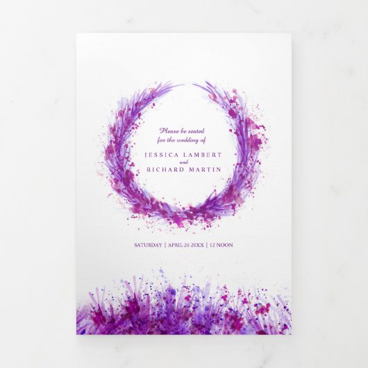 紫色の水彩スプラッシュアートリース結婚ズ 三つ折りプログラム (カバー)
