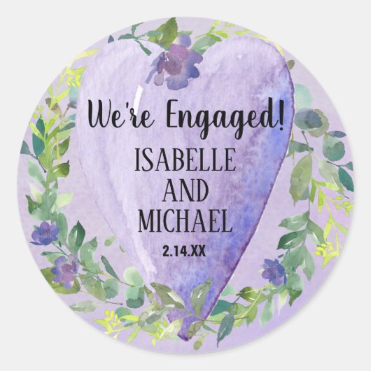 紫色の水彩ハートと花の婚約 ラウンドシール (正面)