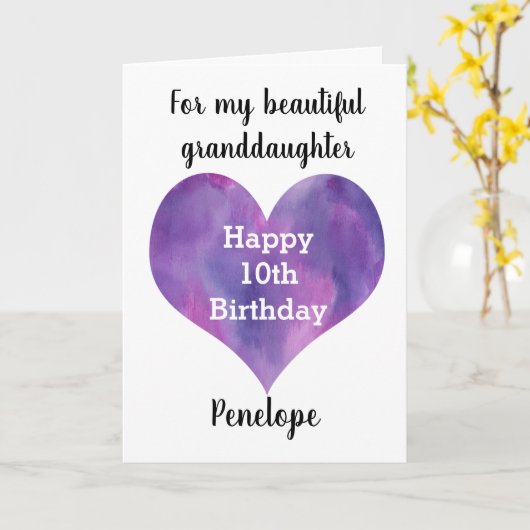 紫色の水彩ハート10番目の誕生日カード カード (黄色い花)