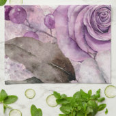 紫色の水彩バラと蝶 キッチンタオル (折り畳み)