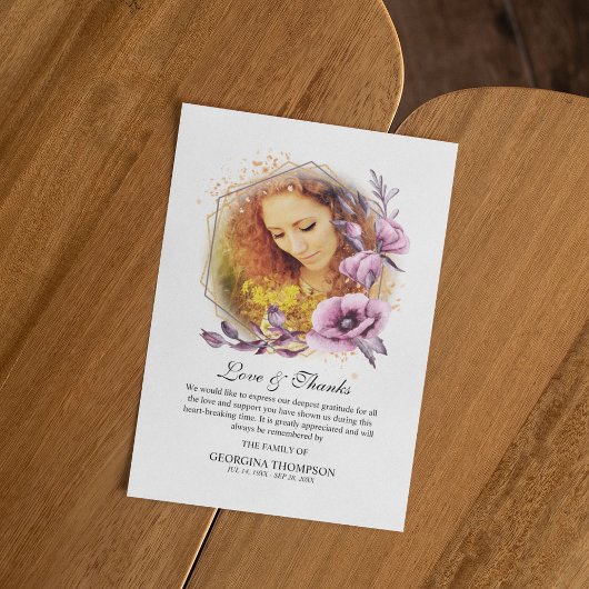 紫色の水彩フラワーフォトフレーム悔やみや弔慰 サンキューカード