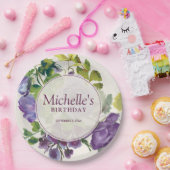 紫色の水彩フローラつる植物誕生日名日付 ペーパープレート (パーティー)