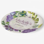 紫色の水彩フローラつる植物誕生日名日付 ペーパープレート (アングル)