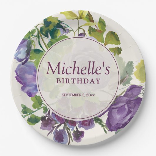 紫色の水彩フローラつる植物誕生日名日付 ペーパープレート (正面)