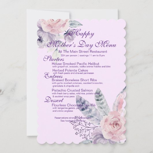 紫色の水彩フローラと羽の母の日 招待状 (正面)