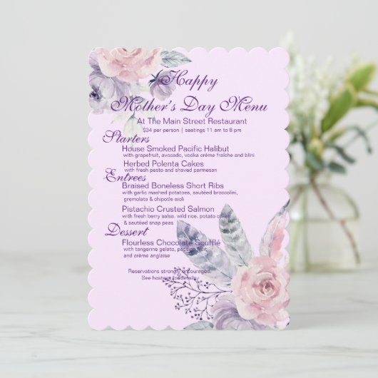 紫色の水彩フローラと羽の母の日 招待状 (スタンド正面)