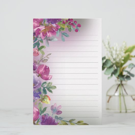 紫色の水彩フローラの葉の自然ライン付きスタット 便箋 (スタンド正面)