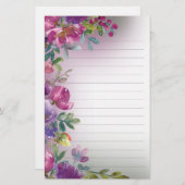 紫色の水彩フローラの葉の自然ライン付きスタット 便箋 (正面/裏面)