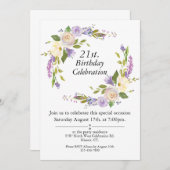 紫色の水彩フローラカスタマイズ可能21誕生日 招待状 (正面/裏面)