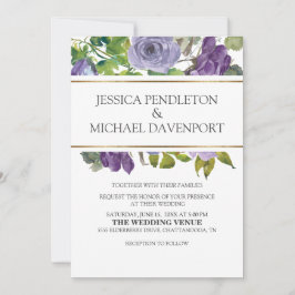 紫色の水彩フローラグリーンつる植物金ゴールド結婚ズ 招待状