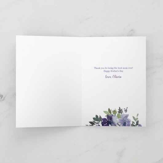 紫色の水彩フローラハッピーマザーズデイ写真 カード (内部)