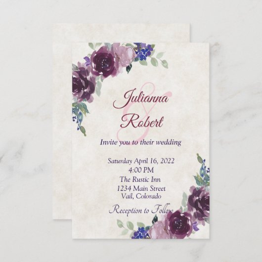 紫色の水彩フローラ予算結婚式招待状 招待状 (正面/裏面)