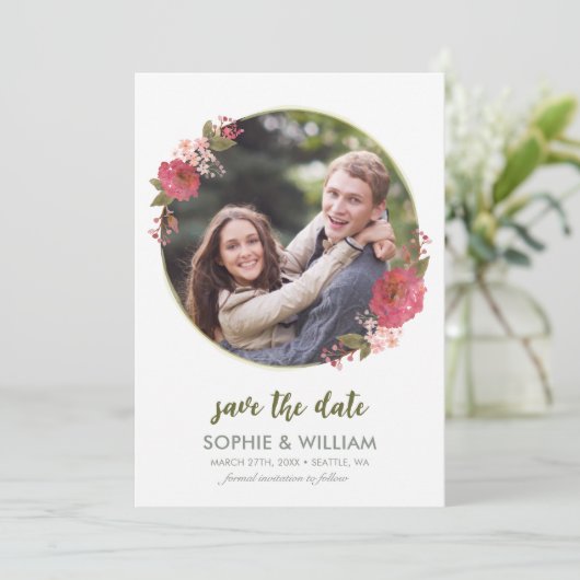 紫色の水彩フローラ写真の保存日付 セーブザデート (スタンド正面)