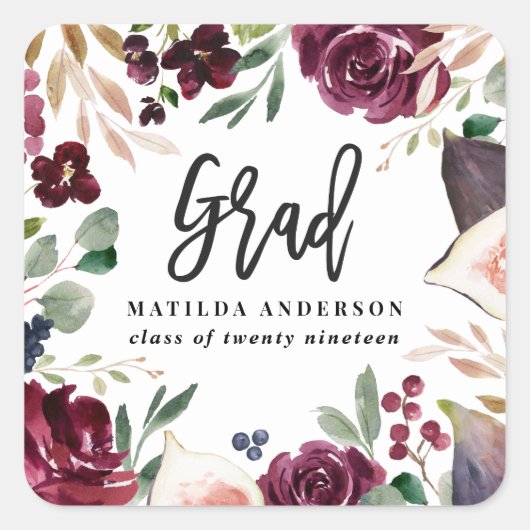 紫色の水彩フローラ卒業 スクエアシール (正面)