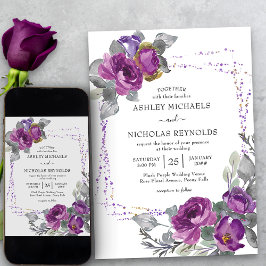 紫色の水彩フローラ紙吹雪フレ結婚ーム 招待状