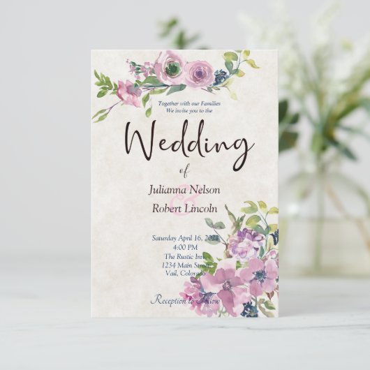 紫色の水彩フローラ結婚式招待状 招待状 (スタンド正面)