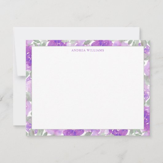 紫色の水彩フローラ縁どパーソナライズされた ノートカード (正面)