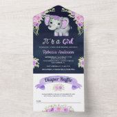 紫色の水彩フローラ象ネイビーベイビーシャワー オールインワン招待状 (内側)