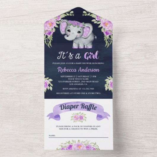 紫色の水彩フローラ象ネイビーベイビーシャワー オールインワン招待状 (内側)