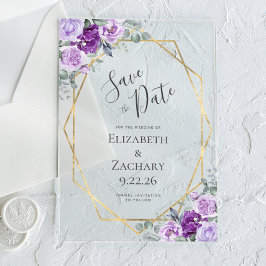 紫色の水彩フローラ金ゴールドフレーム日付を保存 アクリル招待状