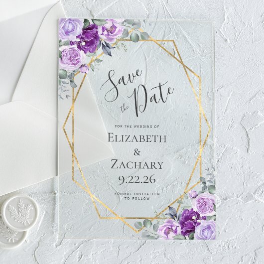 紫色の水彩フローラ金ゴールドフレーム日付を保存 アクリル招待状
