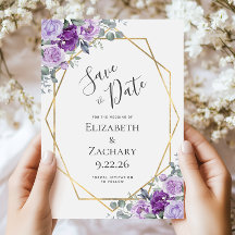 紫色の水彩フローラ金ゴールドフレーム日付を保存