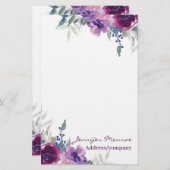 紫色の水彩フローラ パーソナライズされた 便箋 (正面/裏面)