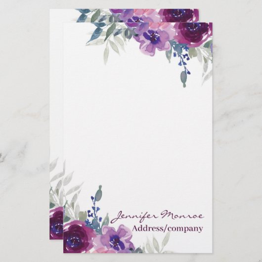 紫色の水彩フローラ パーソナライズされた 便箋 (正面/裏面)