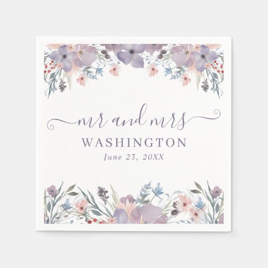 紫色の水彩ワイルドフラワーのフローラ結婚ズ スタンダードカクテルナプキン (正面)