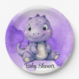 紫色の水彩可愛い恐竜の女の子の赤ちゃんシャワー ペーパープレート